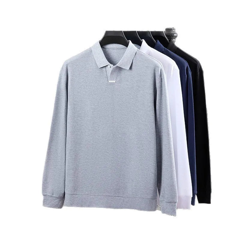 Men's gray cotton polo shirt with asymmetric lapel design and long sleeves