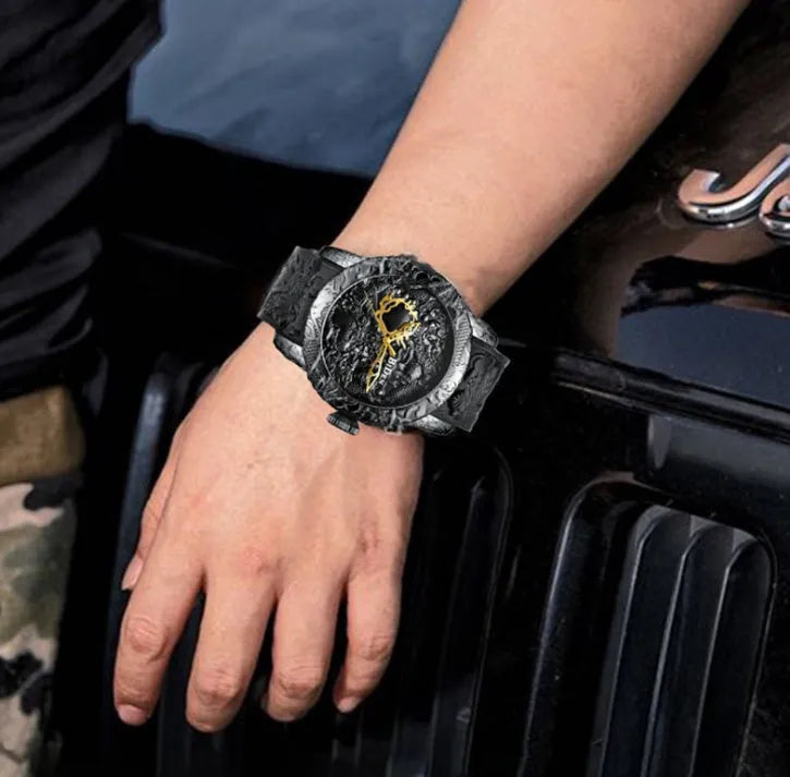 Men's black quartz watch with 3D engraved dragon on dial, 50mm alloy case, and tape strap