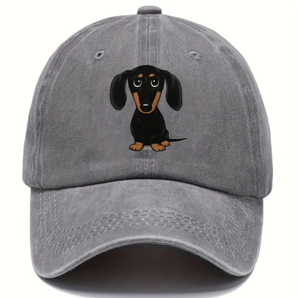 Retro washed cotton baseball cap with embroidered Dachshund design in dome crown style