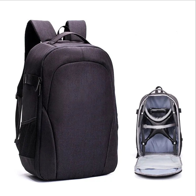 Black waterproof Oxford cloth drone backpack with multiple internal pockets for cameras and equipment.