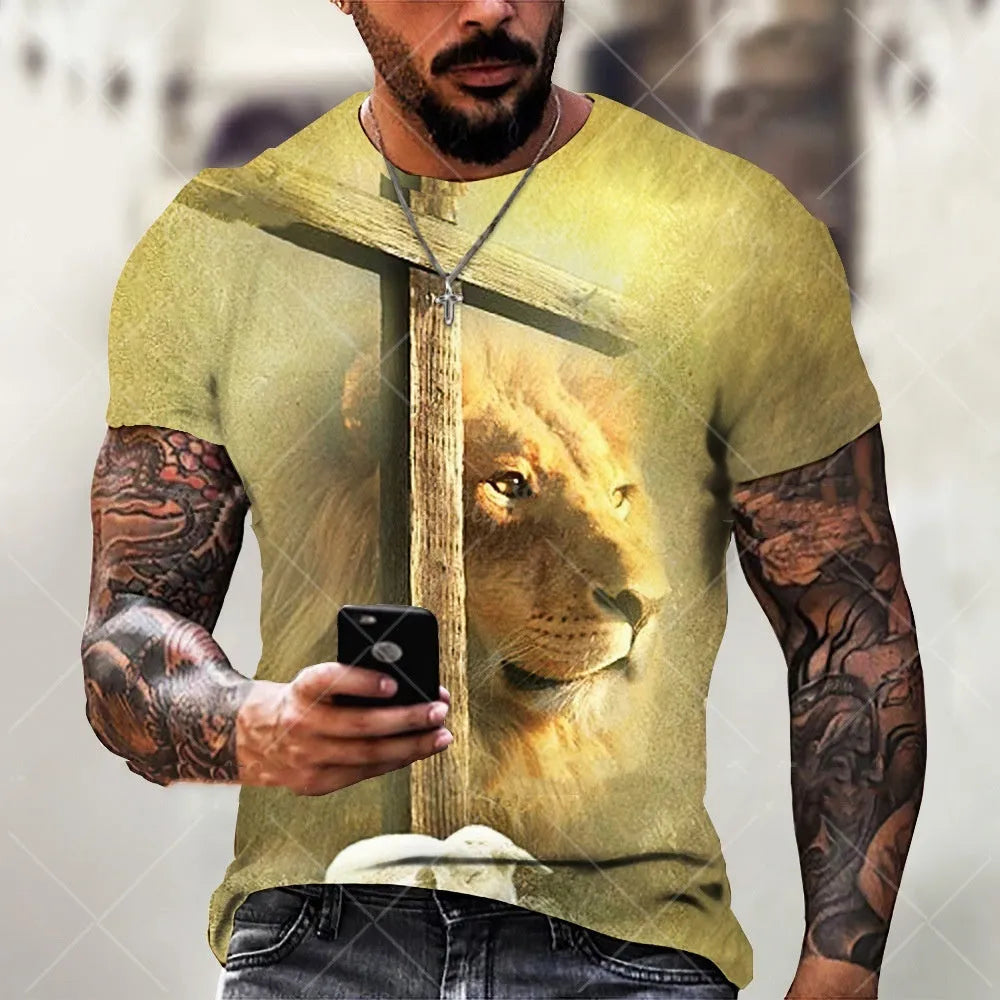 Men's 3D printed Jesus pattern T-shirt in breathable polyester fabric showing front graphic detail