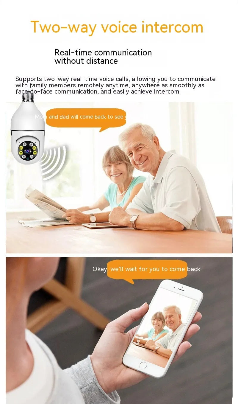 Wireless WiFi bulb security camera with compact design showing 1080p full colour night vision capability