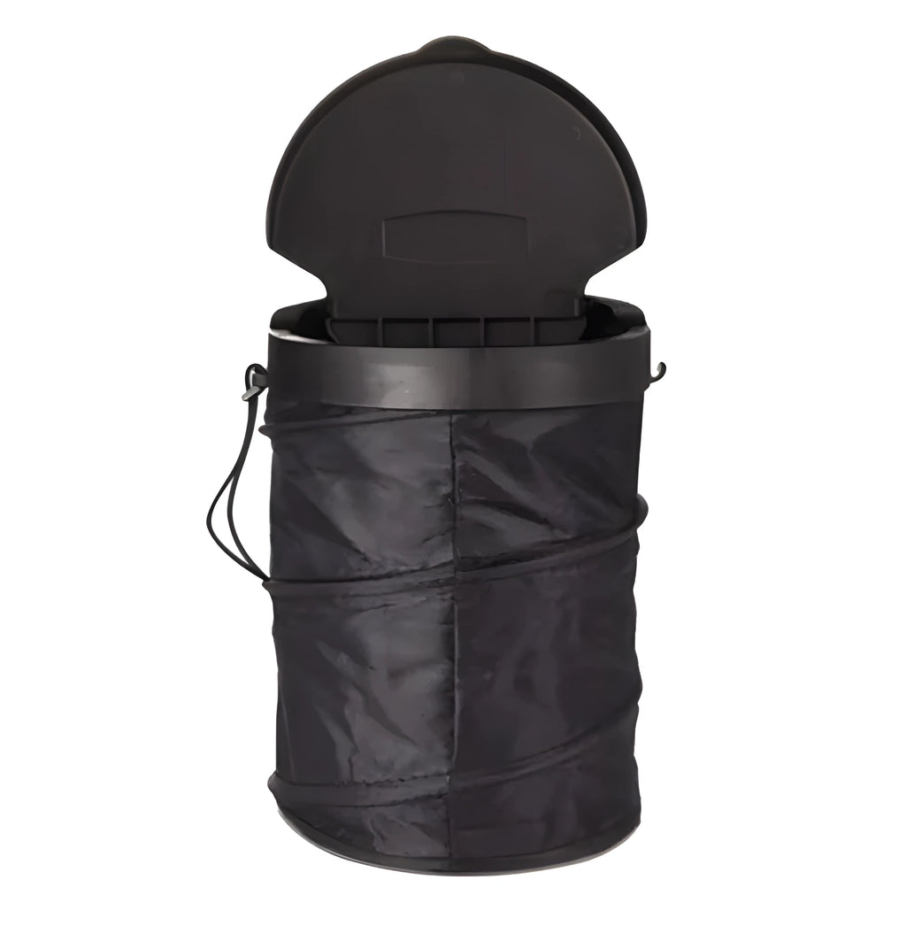 Black cylindrical foldable car trash bin 16x20.5cm with adjustable strap for vehicle cleaning and storage on a seat