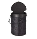 Black cylindrical foldable car trash bin 16x20.5cm with adjustable strap for vehicle cleaning and storage on a seat