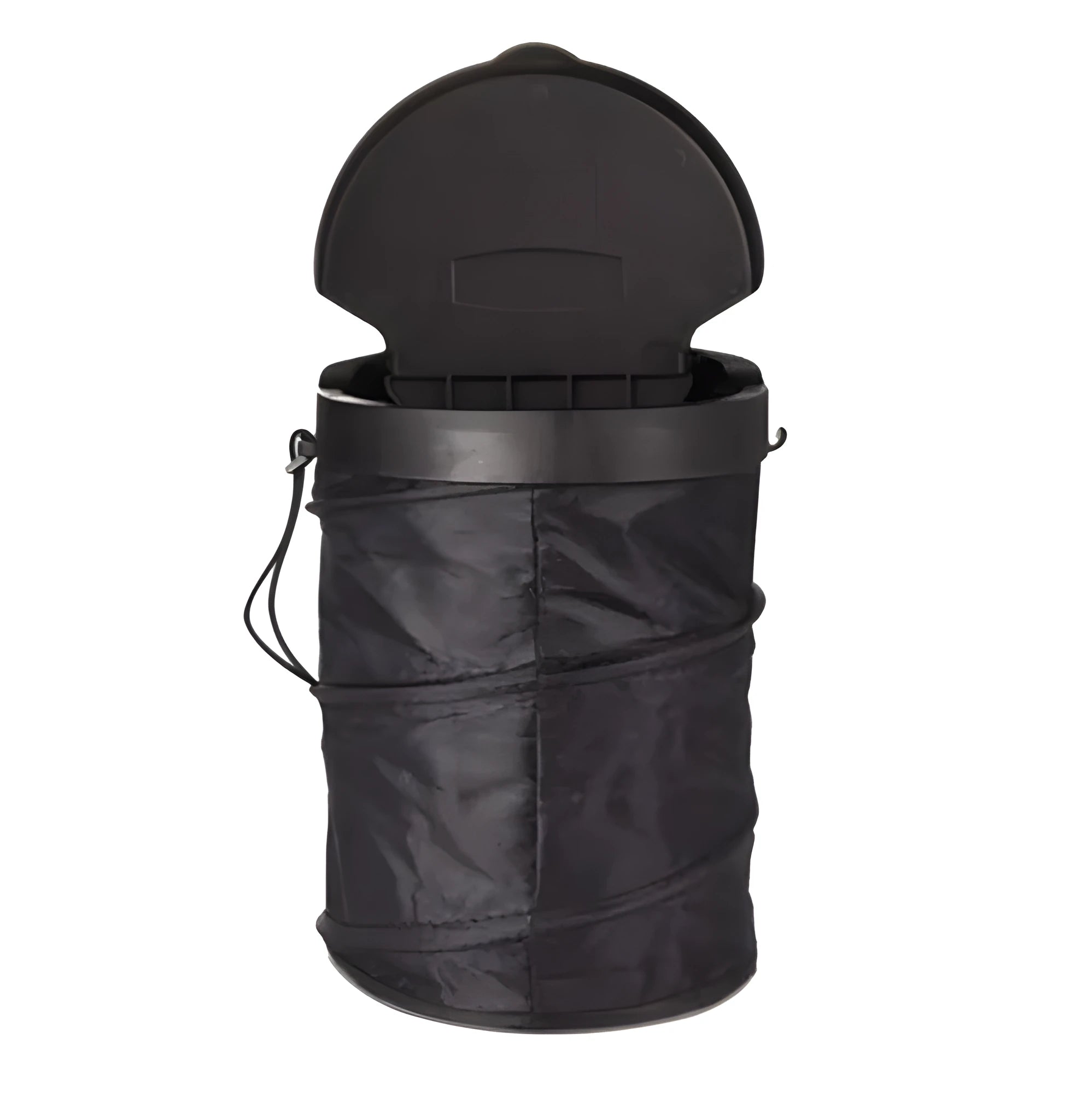 Black cylindrical foldable car trash bin 16x20.5cm with adjustable strap for vehicle cleaning and storage on a seat