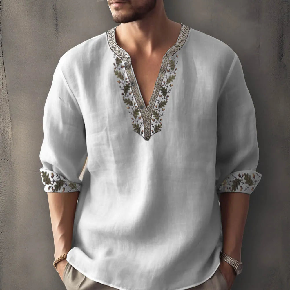 British style short sleeve shirt with stripe pattern from 3D digital thermal transfer printing on bamboo hemp fabric.