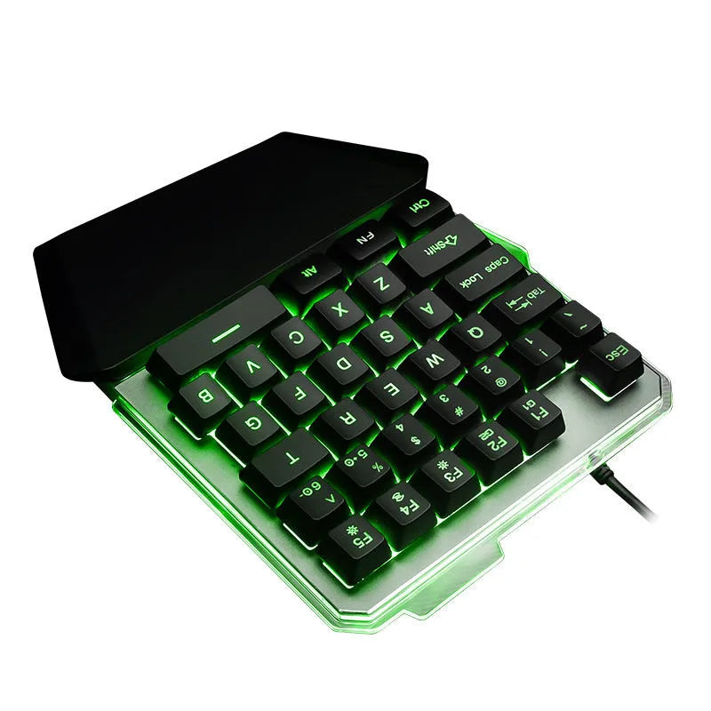 Black robotic one-handed mechanical keyboard with RGB backlit keys on a G40 flow colour plate.