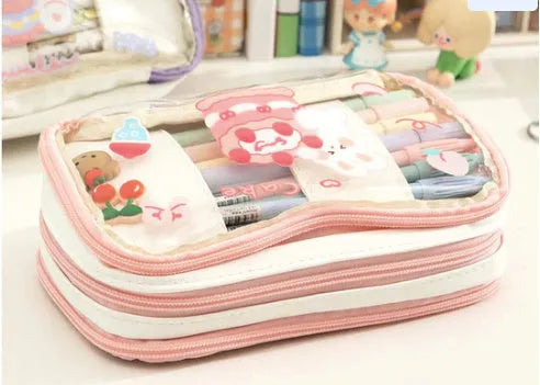 Transparent heart-shaped pen case with Korean-style rabbit motif, pink and red design options