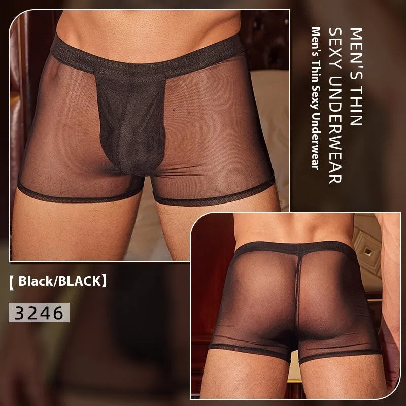 Men's black and white breathable nylon boxer briefs laid flat showing ultra-thin fabric.