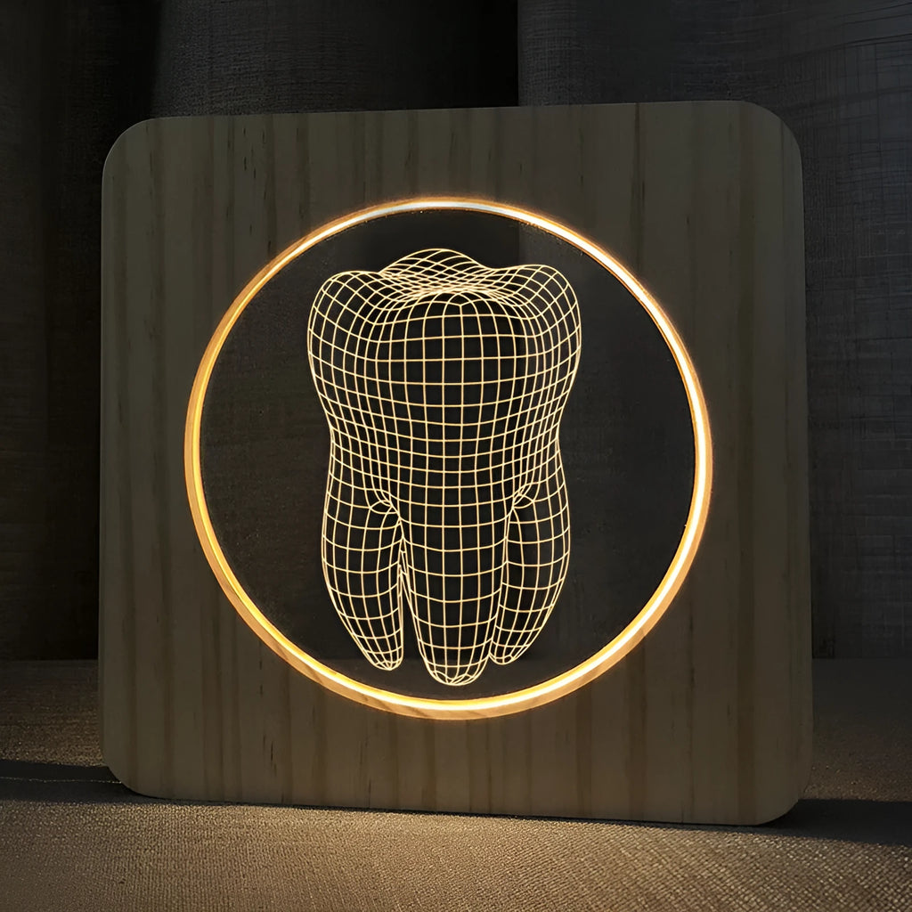 Wood colour plastic tooth shaped USB night lamp on a surface