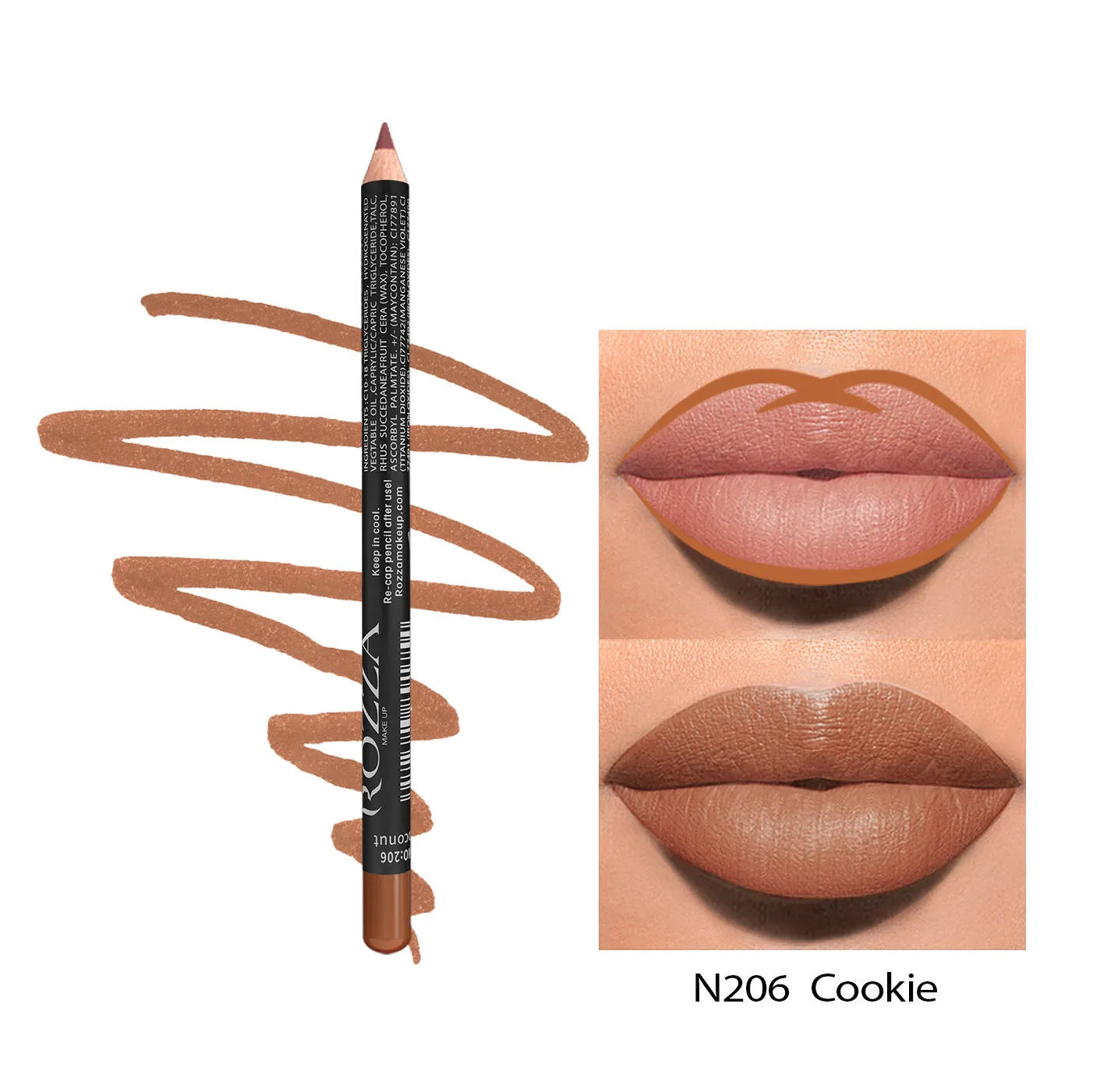 Wood-cased matte lip liner pencil in one of fourteen shades, shown on a hand