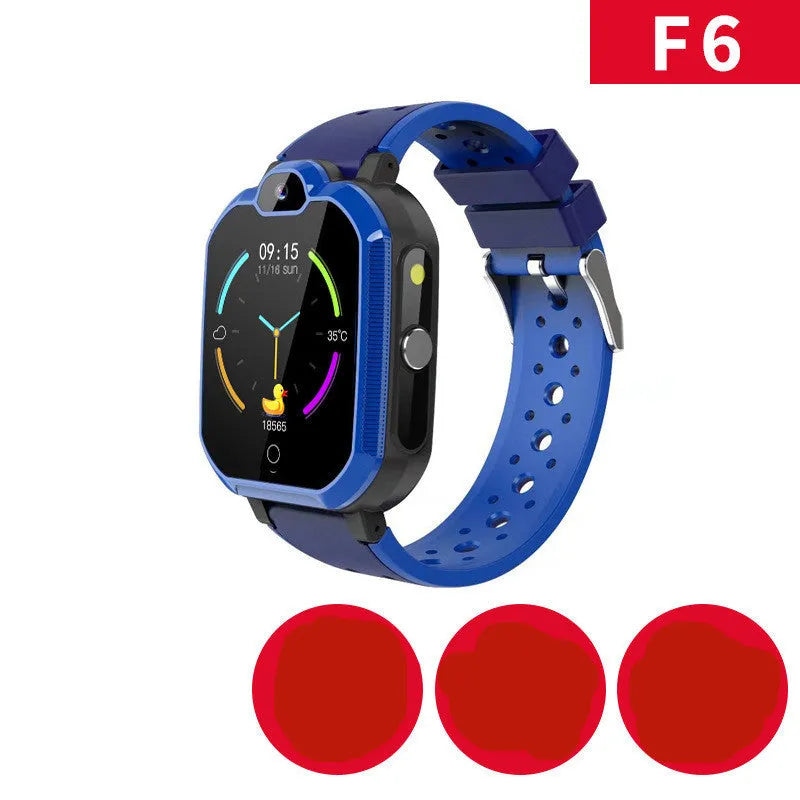 Children's smart watch with blue silicone strap showing 1.44-inch touchscreen displaying GPS and call functions