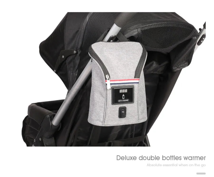Grey Oxford cloth portable baby bottle warmer with car charger and electronic temperature display
