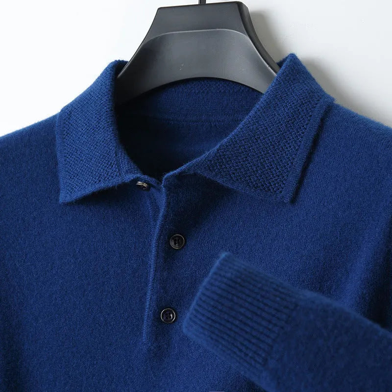 Men's wool polo collar pullover sweater in multiple colours with long sleeves and collage stitching detail.