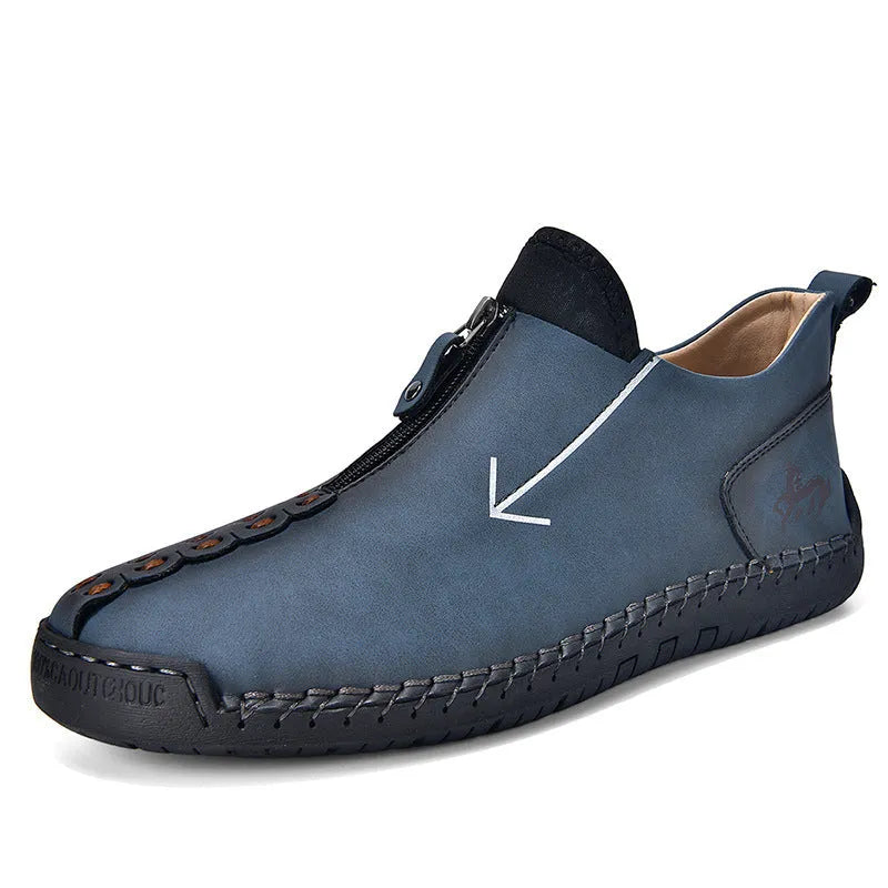 Men's black leather-look casual boot with front zipper, round toe, and mid-calf shaft.