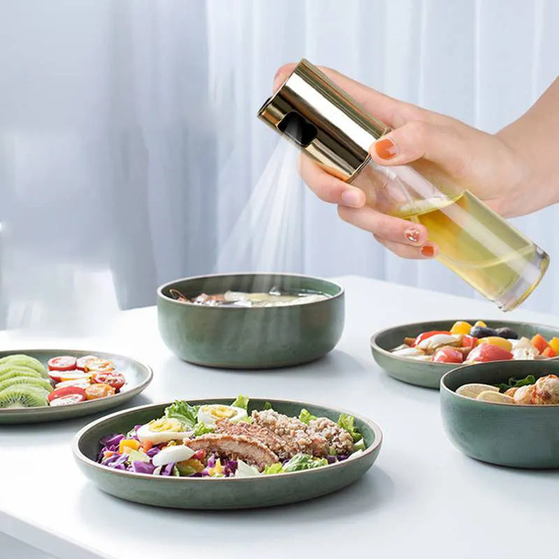 ABS glass oil spray bottle 100ml push pump kitchen sprayer in gold, rose gold and silver