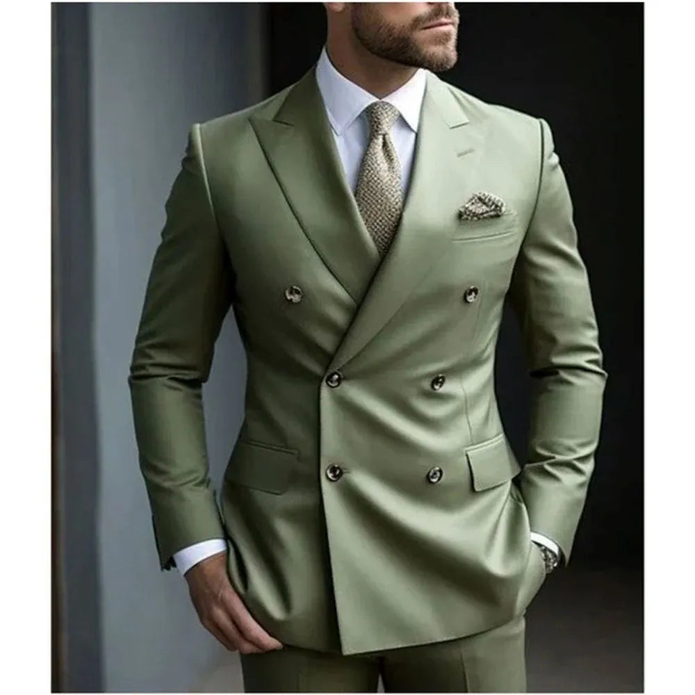 Korean style slim fit men's two-piece suit in grey, business casual cut with adhesive interlining construction.