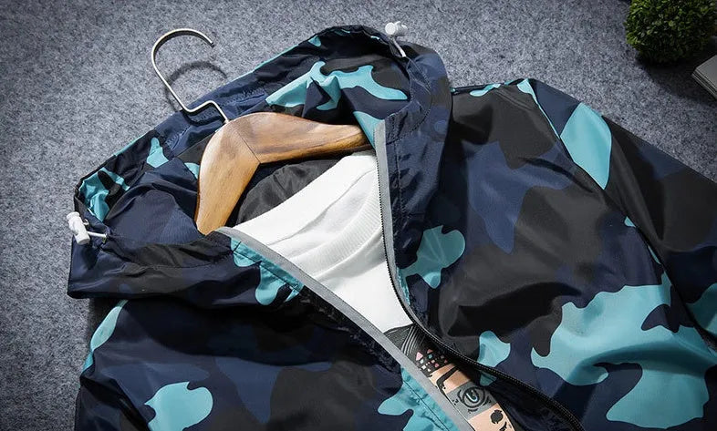 Covrlge men's spring camouflage hooded jacket with luminous reflective zipper detail in green