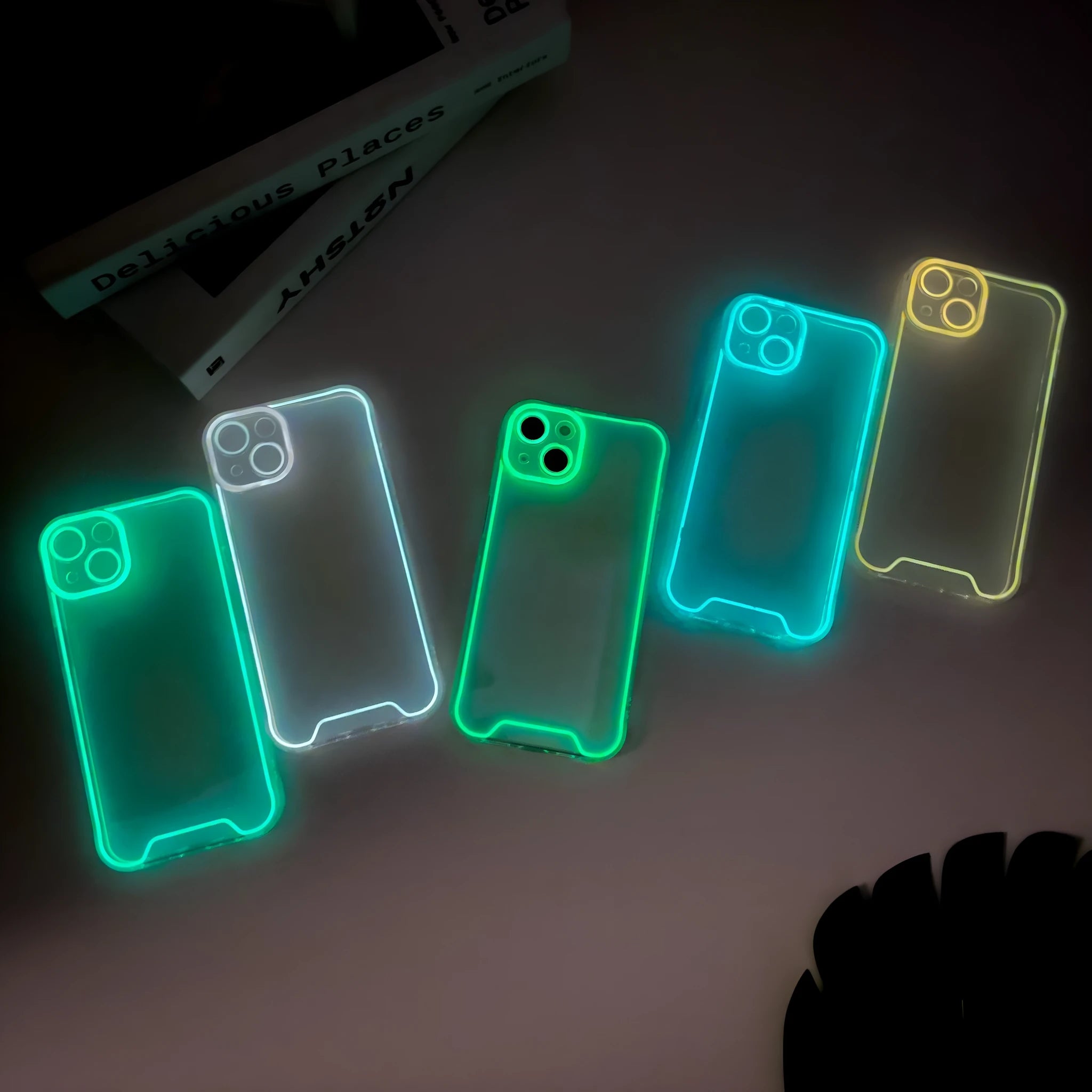 Glow-in-the-dark green soft TPU protective case for iPhone, shown from the back.