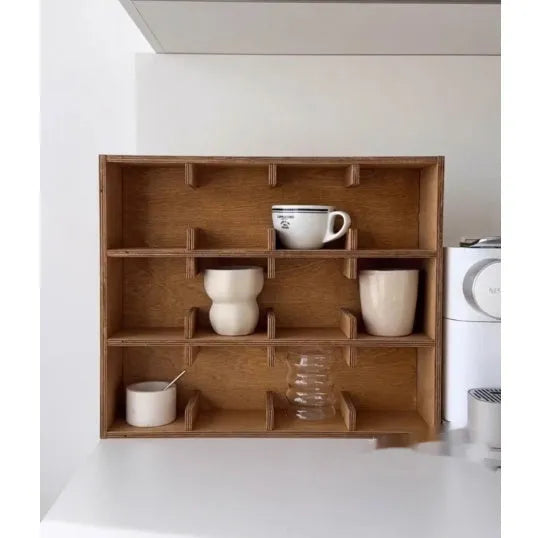 Solid birch wood cup storage rack with multiple grid compartments in meridian colour