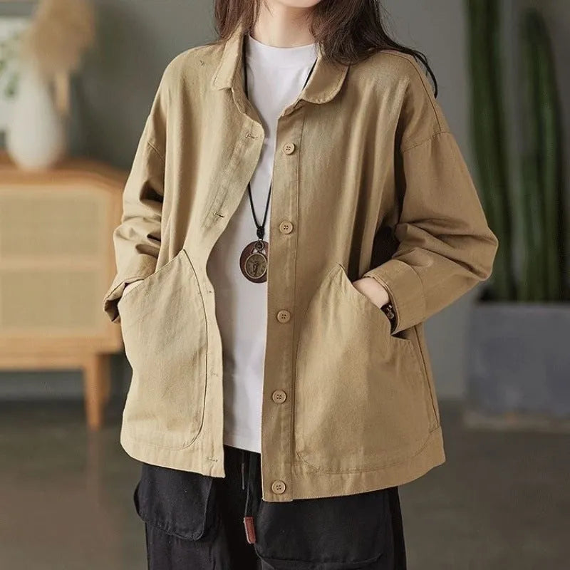 Retro cotton twill loose top with large pocket in khaki, women's casual commute style