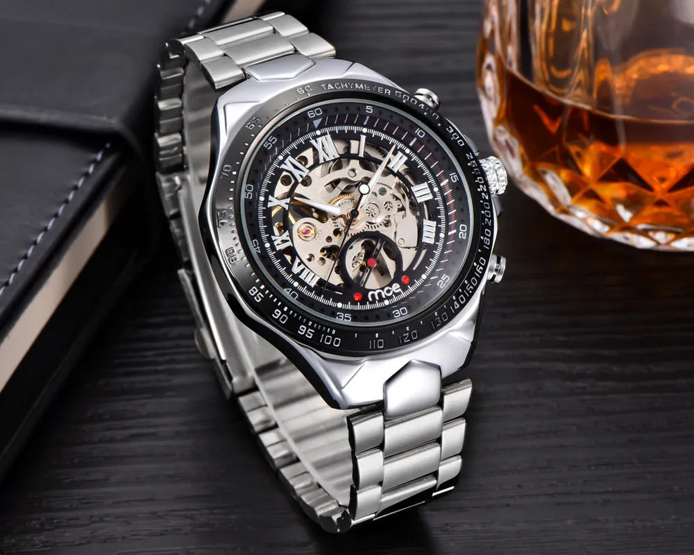 MCE mechanical men's watch with explosion proof construction and stainless steel case