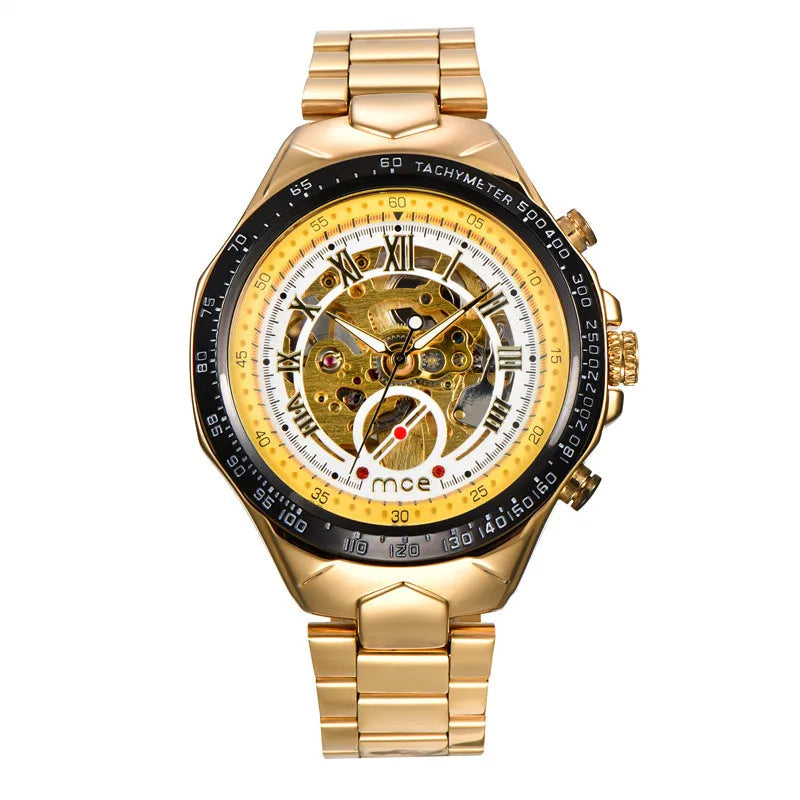 MCE mechanical men's watch with explosion proof construction and stainless steel case