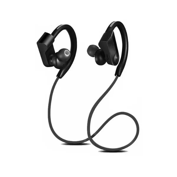 Wireless neck mounted Bluetooth earphones in black colour showing earpieces and neckband
