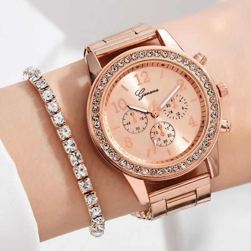Women's three-eye quartz diamond-embedded watch with rose gold alloy strap