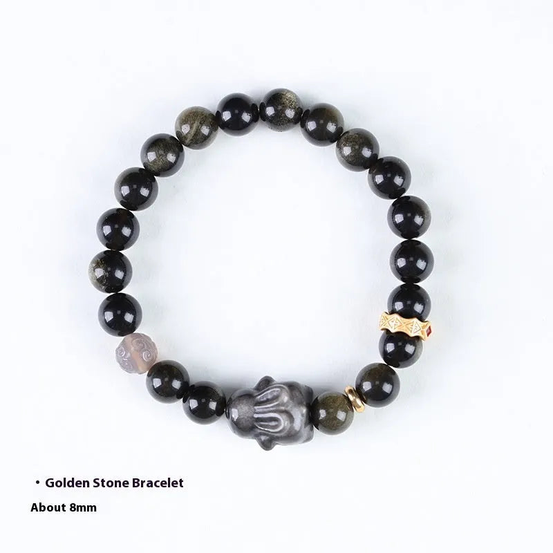 Handmade Chinese national style obsidian bracelet with lying rabbit pendant and mixed material beads