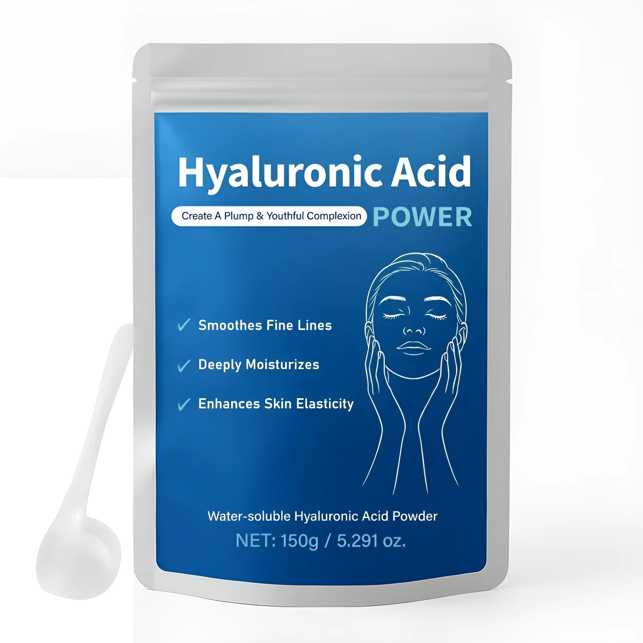 Container of pure hyaluronic acid powder for DIY skincare, 150-gram net content.