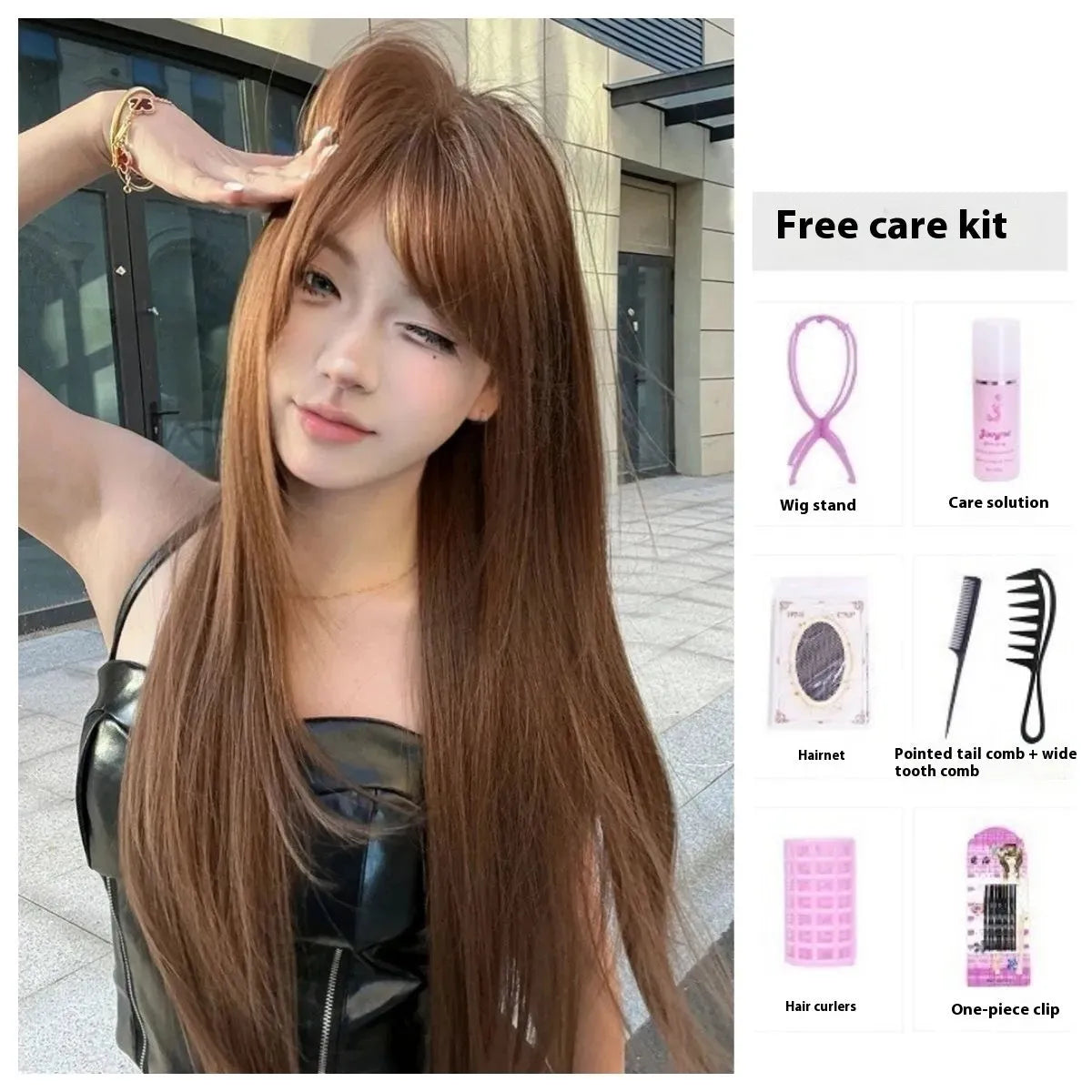 Long straight synthetic wig with bangs in warm tea chestnut brown colour