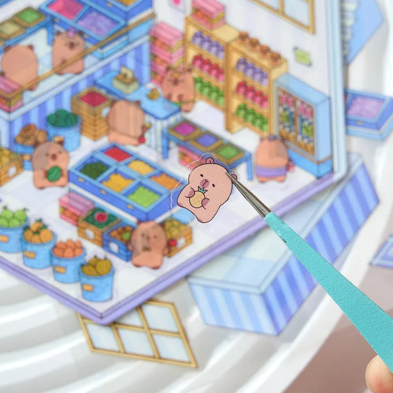 Capabala pre-cut PET cartoon sticker sheet in themes like pink restaurant and green bookstore.