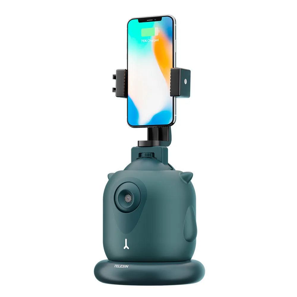 Dark green intelligent gimbal with 360 rotation for AI face tracking on cameras.