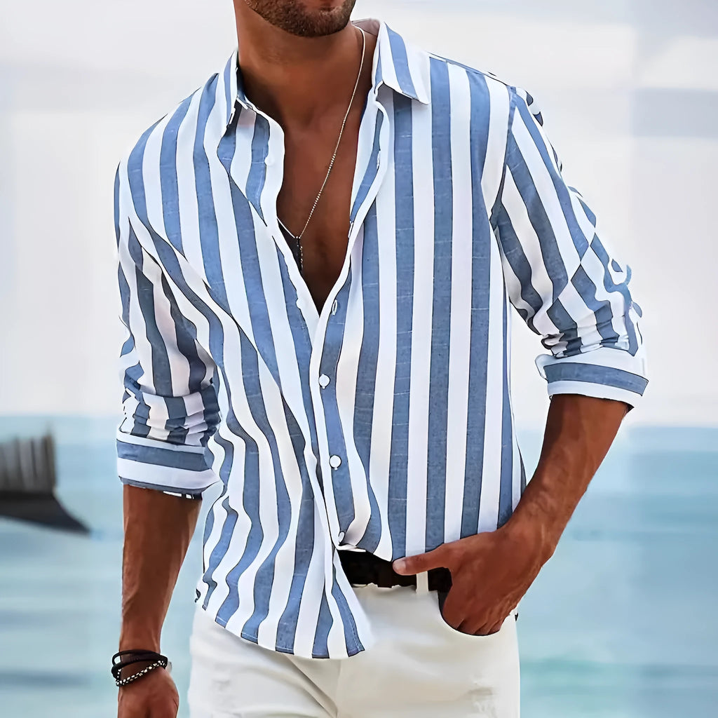 Men's loose-fit striped long-sleeved casual shirt in a light grey colour, showing cardigan style.