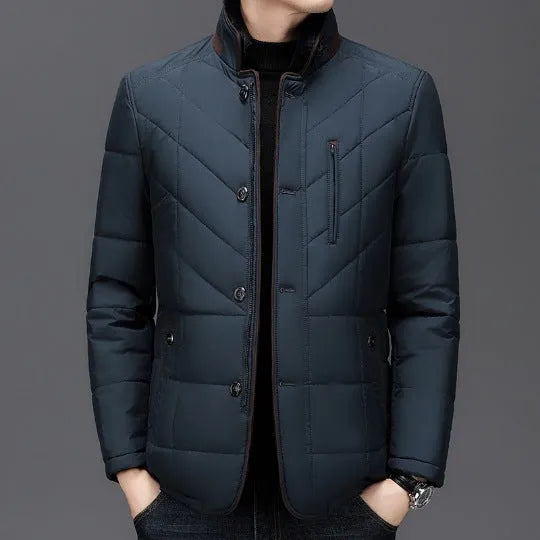 Men's solid colour winter cotton-padded coat with side seam pockets in dark blue