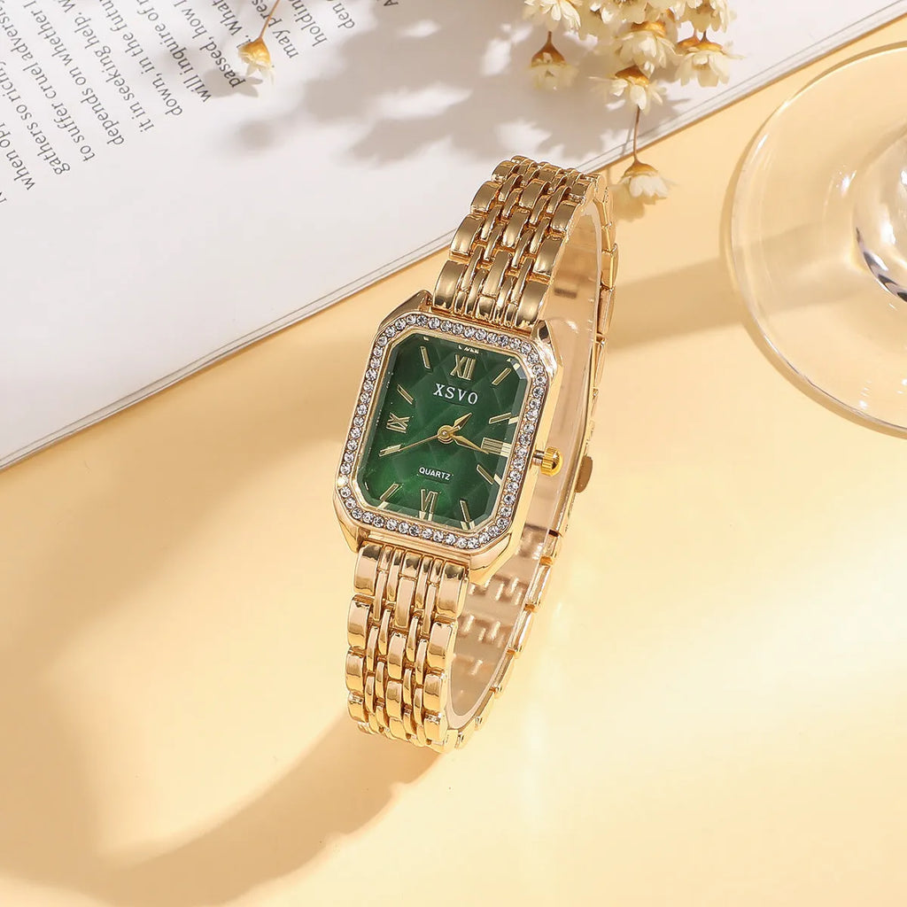 Gold Green square alloy watch and four matching butterfly bracelets laid out as a five-piece set.