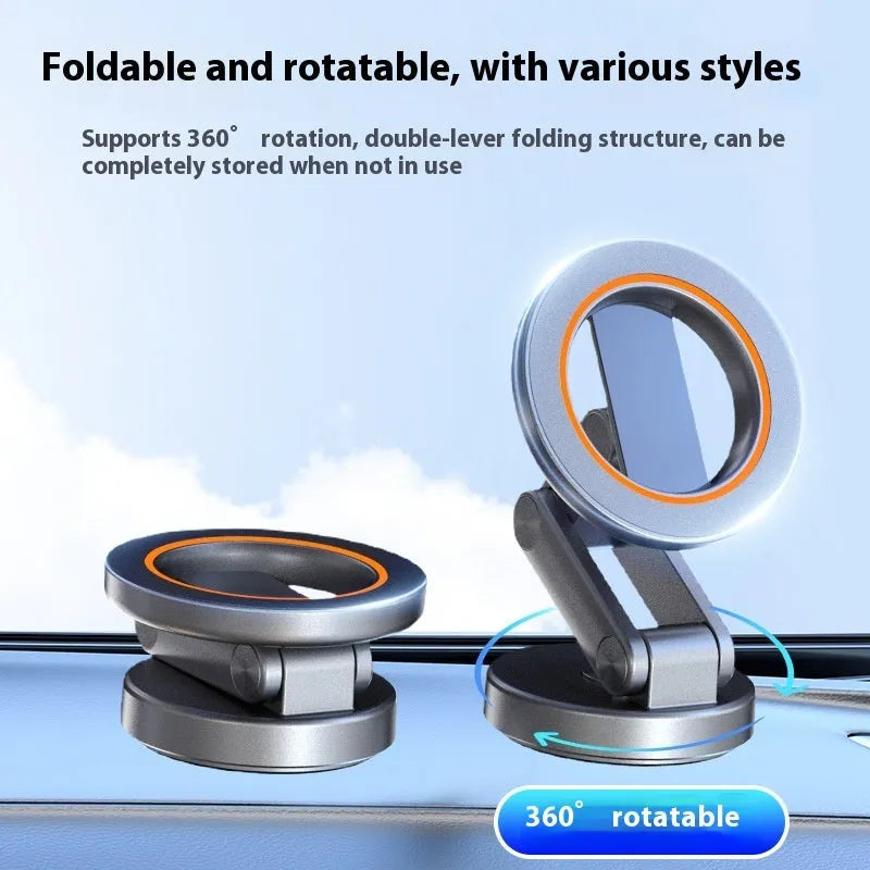 Universal folding car phone holder with black magnetic bracket on car dashboard