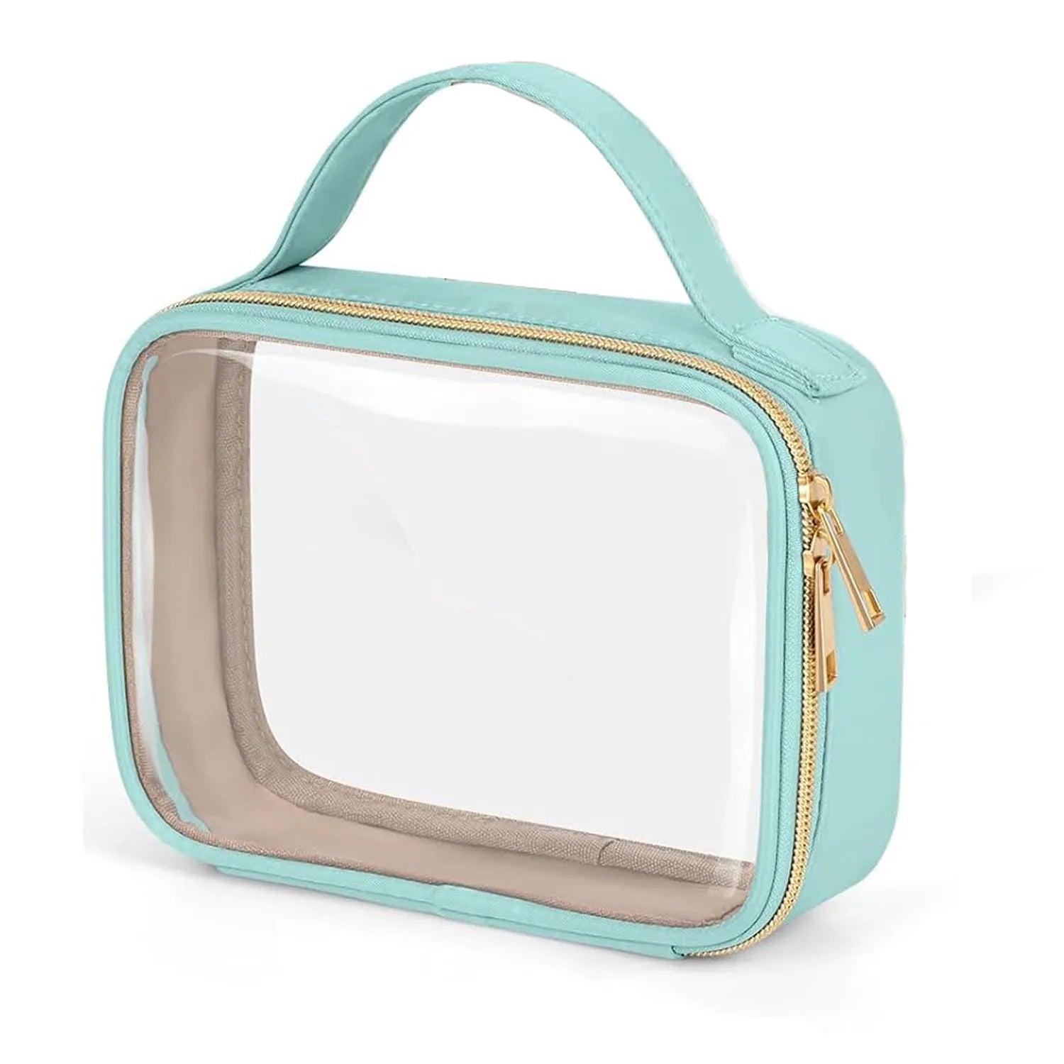Clear PVC cosmetic wash bag with chain handle showing lipsticks inside, in leopard print colour.