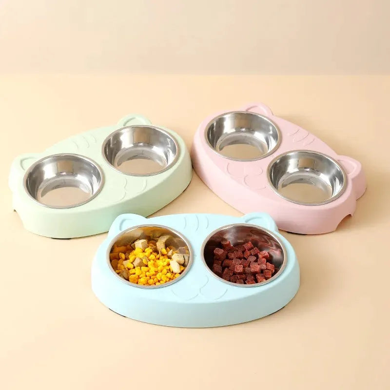 Blue plastic pet feeding tray with double bowl design and four compartments for cat or dog food and water