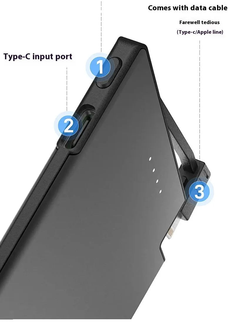 Ultra-thin black portable power bank with built-in cable, 2600mAh to 5000mAh, stainless steel PC TPE shell