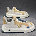 Men's black and beige casual sneakers with elastic band closure and round toe design
