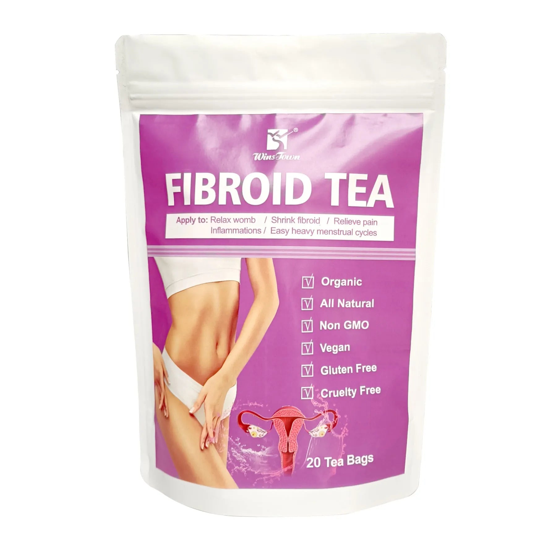 Single pack of C83 Winstown Fibroid Tea herbal tea bags on a plain background.