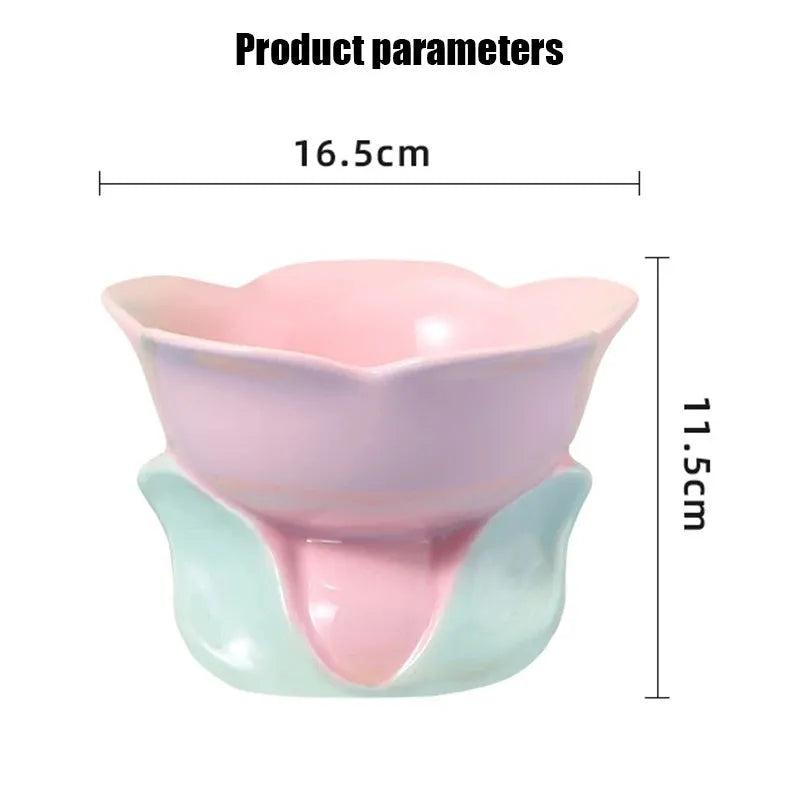 Blue floral patterned elevated ceramic bowl for cat or small dog feeding