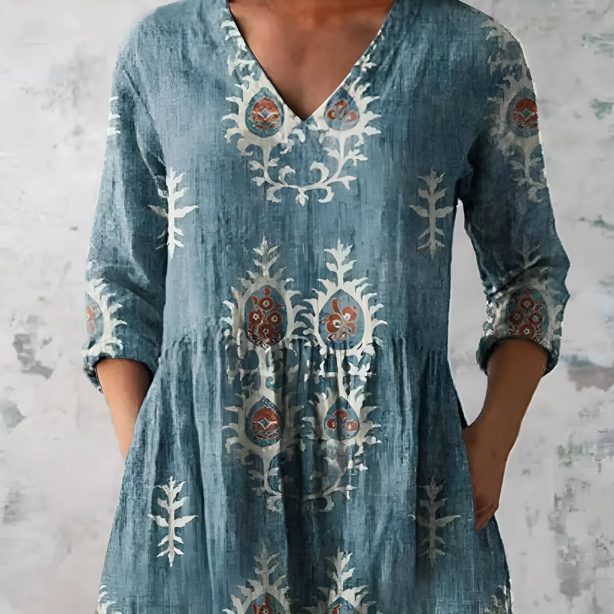 Women's printed loose dress with wave pattern, 3/4 sleeves and elastic waistband