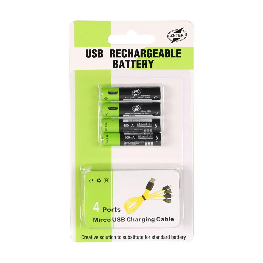 Green USB rechargeable lithium battery 1.5V AA AAA 1250mAh with fireproof ABS shell and charging cable