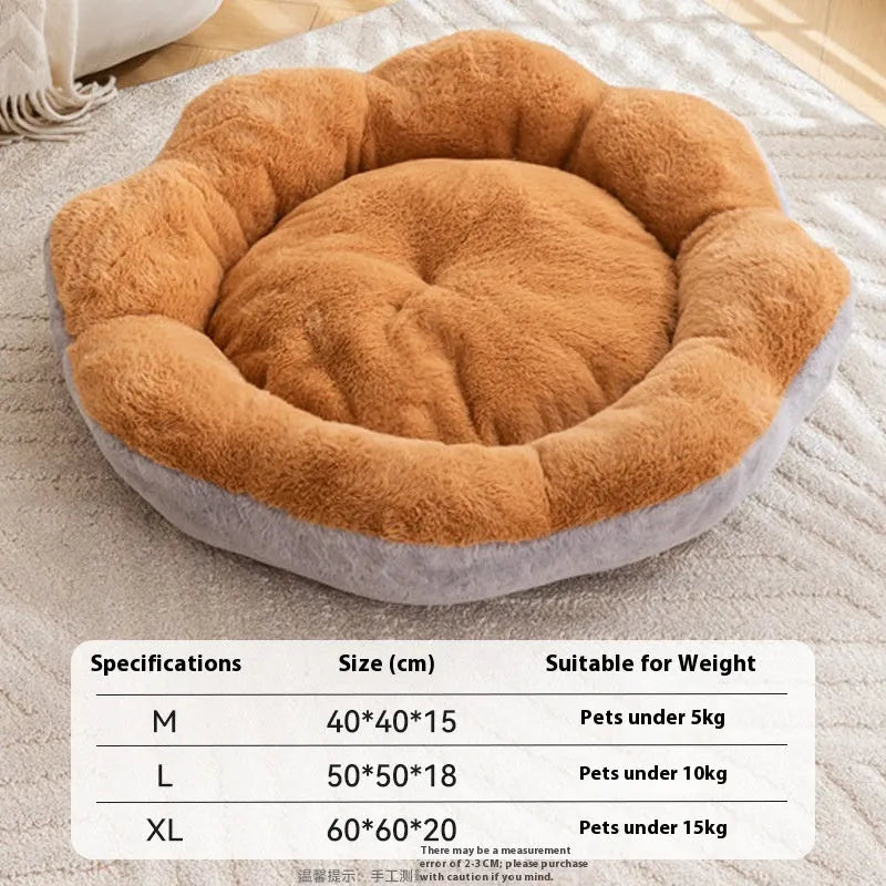 Round detachable rabbit plush pet bed in brown gray colour showing thick fabric and nest shape