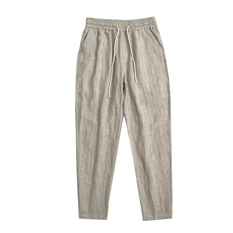 Cotton linen men's summer thin casual cropped pants with striped pattern in khaki colour