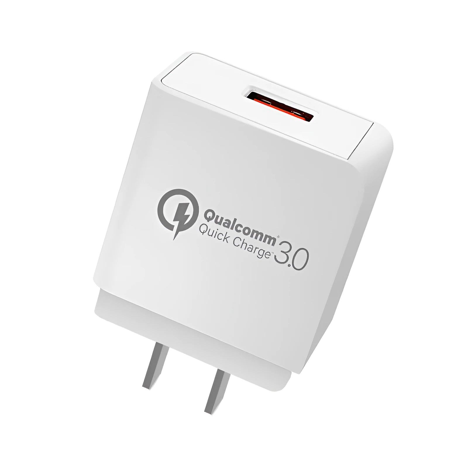 QC3.0 18W fast charge charger US socket white 63x40x22mm with LED indicator.