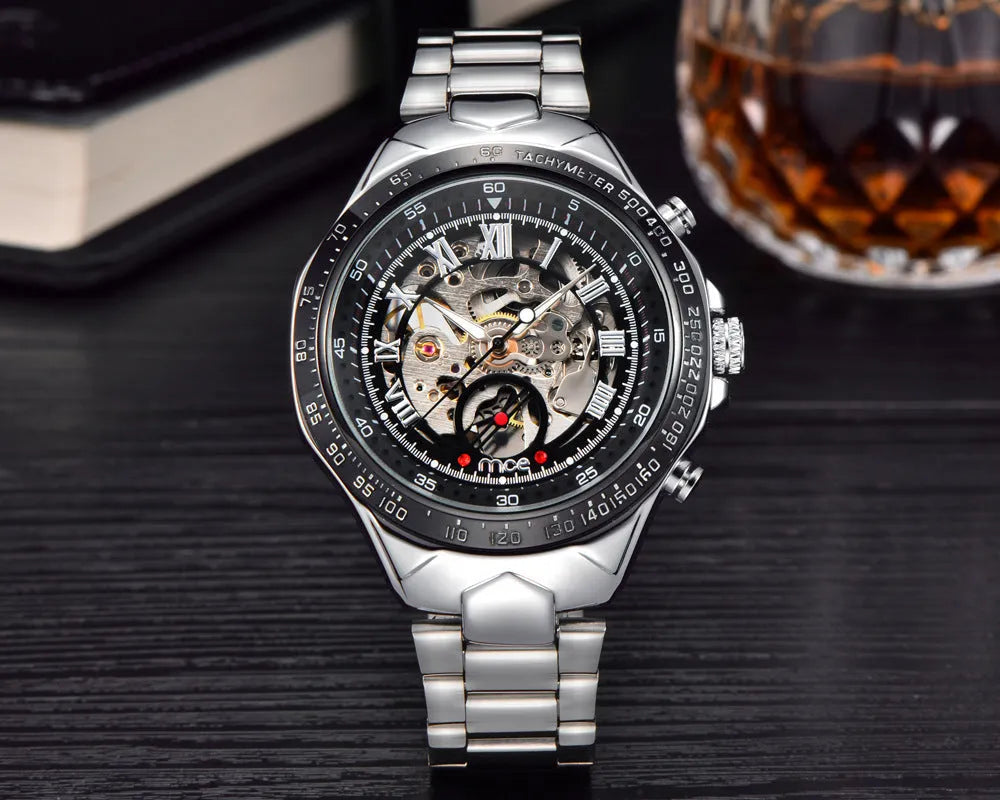 MCE mechanical men's watch with explosion proof construction and stainless steel case